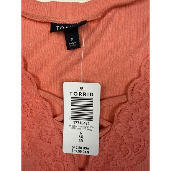 Torrid Lace Up Baby Doll Short Sleeve Top, Coral, NWT, 6X - Picture 6 of 11